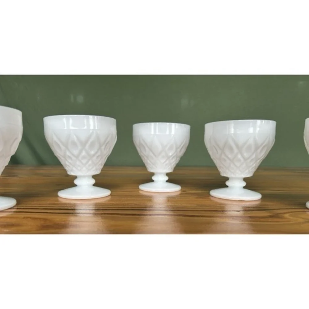 5-PC‎ Milk Glass Footed Drinking Goblet Cups Diamond Geometric 3D Design